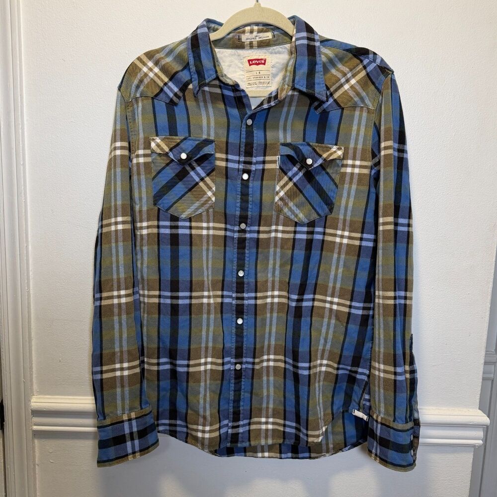 Levi’s Slim Fit Plaid Western Snap Shirt Blue Olive Cotton Women’s Large